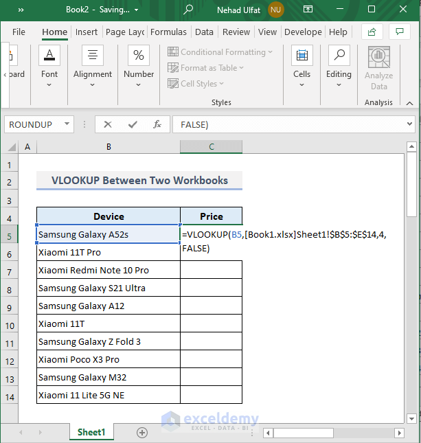 Example 2: Use of VLOOKUP Between Two Sheets in Different Workbooks
