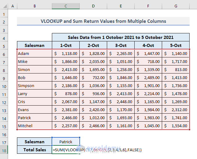 VLOOKUP to Sum Return Values from Multiple Columns in Excel
