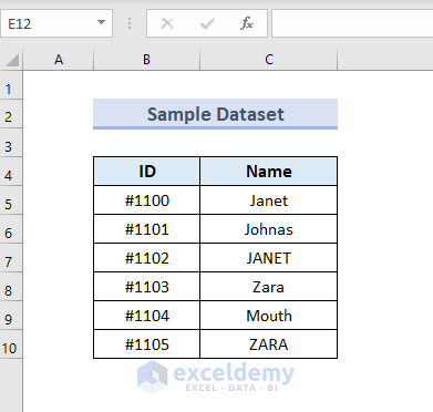 Excel Match Case Sensitive: Sample Dataset