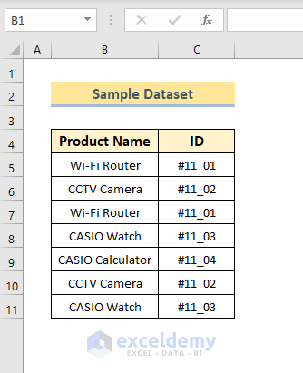 Excel find first occurrence of a value in range: Sample dataset