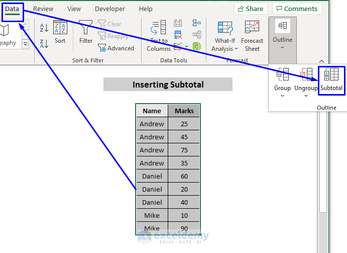 insert subtotals in excel from command tool