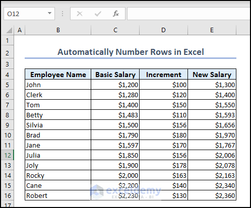 Dataset to automatically number rows in Excel