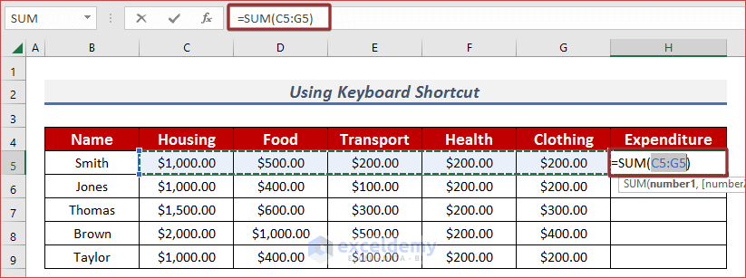 Use Keyboard Shortcut to SUM Formula