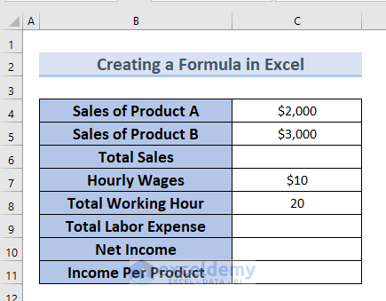 Dataset to Create a Formula in Excel