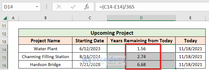 Calculate Remaining Years in Excel for Upcoming Projects