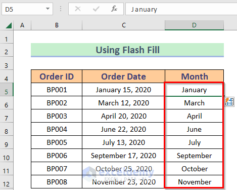 Finding Month from Date with Flash Fill Feature in Excel