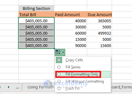 Selecting fill formatting only