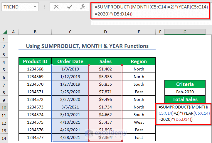 Combining SUMPRODUCT, MONTH & YEAR Functions in Excel