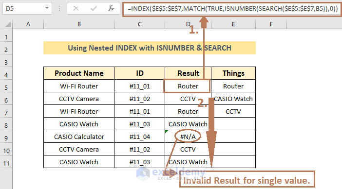 Result of using INDEX with ISNUMBER and SEARCH functions