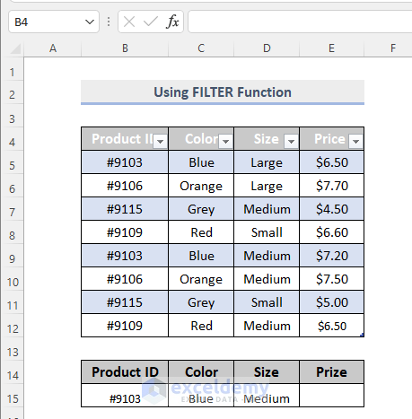 Showing three criteria to apply FILTER formula