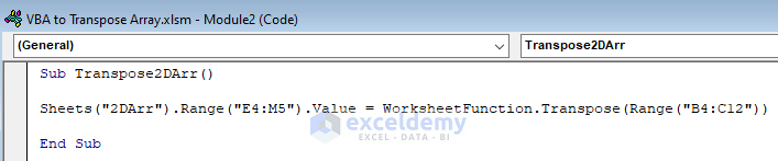 excel vba transpose two dimensional array
