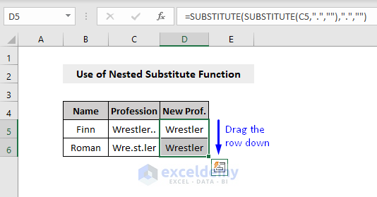 dragging row to remove characters in excel