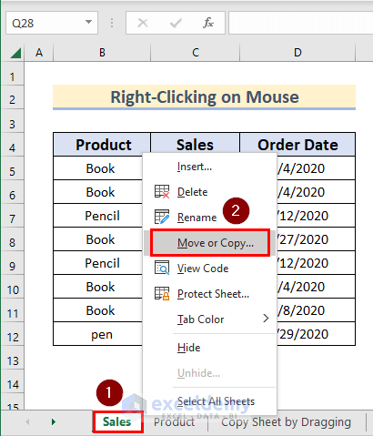Right-Click on Mouse to Copy an Excel Sheet to Another Worksheet