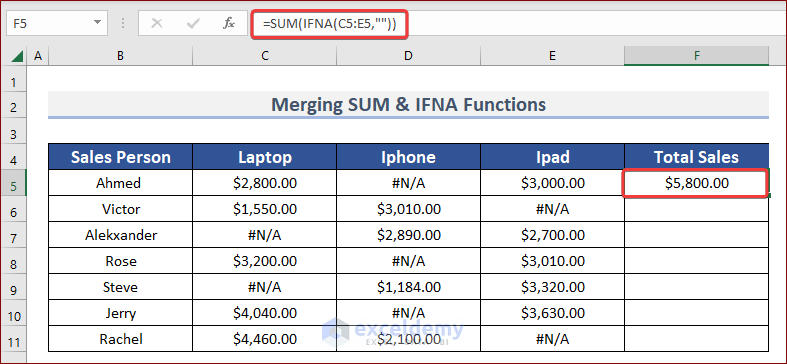 Merge SUM & IFNA Functions to SUM Ignore N/A