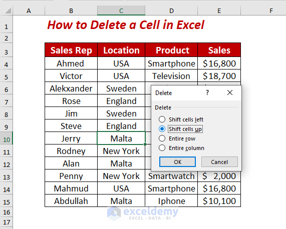 Using right-click to delete a cell