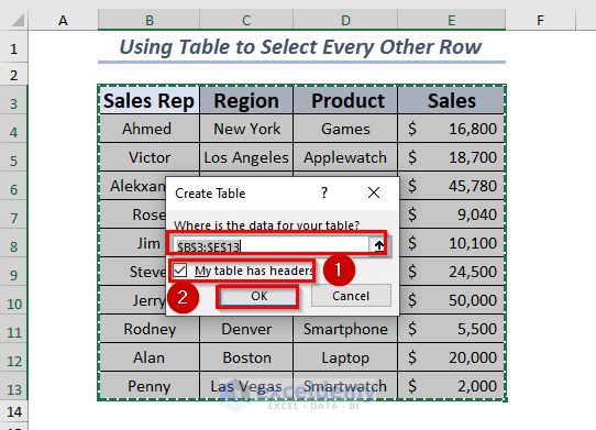 Selecting Data Range for Table to Select Every Other Row in Excel