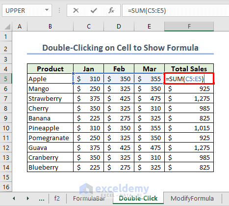 Double-Clicking on Cell Displays Formula