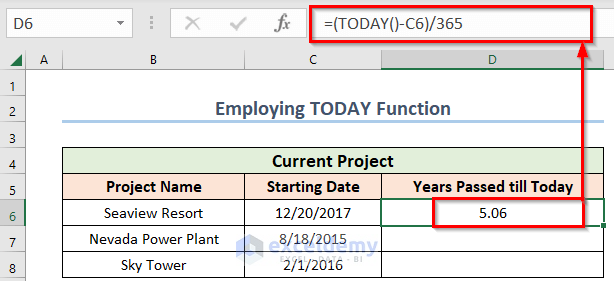 Using TODAY Function to Calculate years from Today in Excel
