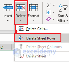 Selecting Delete Sheet rows from delete in home tab