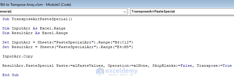 excel vba transpose array with paste special