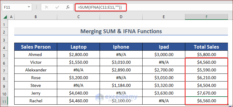 AutoFilll to Merge SUM & IFNA Functions to SUM Ignore N/A