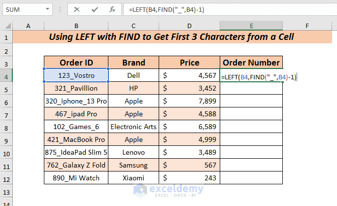 Using LEFT with FIND Function to Get First 3 Characters