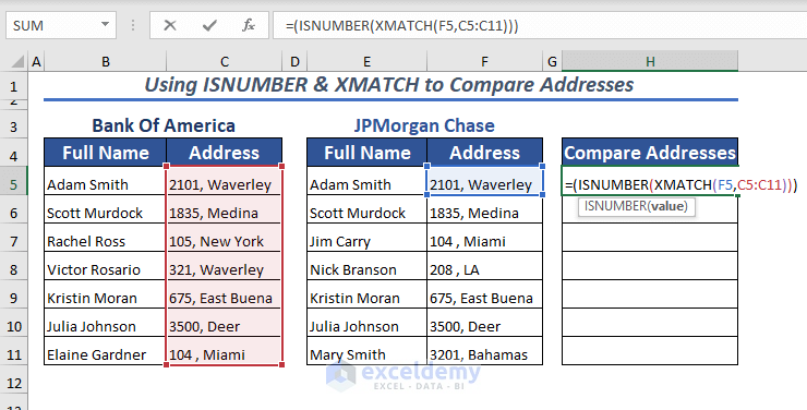 Using ISNUMBER & XMATCH to Compare Addresses