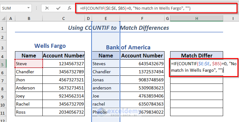 Using COUNTIF to Match Differences