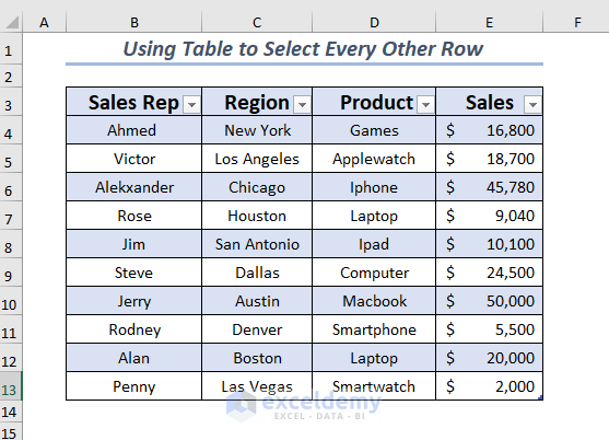 Using Table Format to Select Every Other Row in Excel