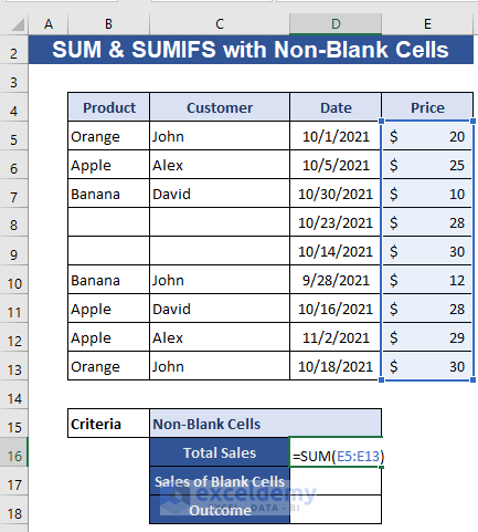 Excel SUMIFS with Non-Blank Cells Criteria along Column & Row
