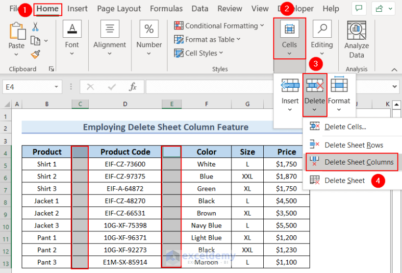 Employing Delete Sheet Columns Option to Delete Unused Columns in Excel