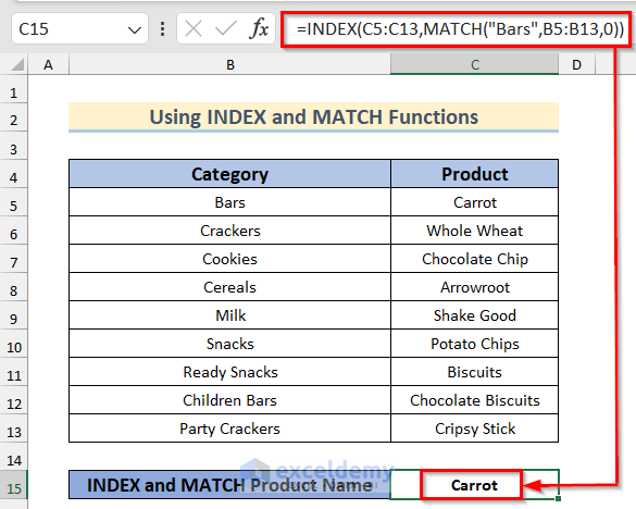 Using INDEX and MATCH Functions to Find If Cell Contains Text Then Return Value in Excel
