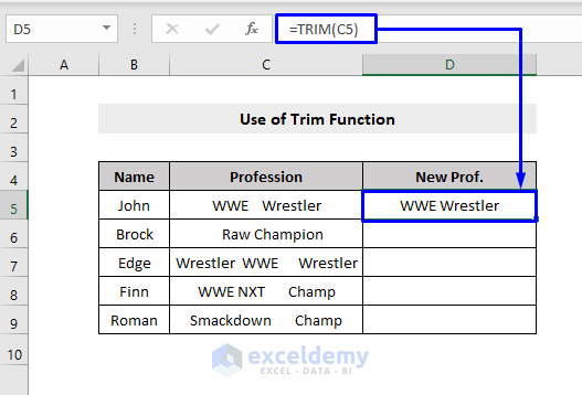 trim function to remove characters in excel