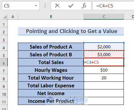 Adding Cells Using Pointing and Clicking to Create a Formula in Excel