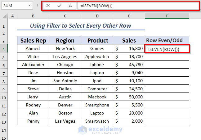 Inserting Formula in Extra Column to Select Every Other Row in Excel