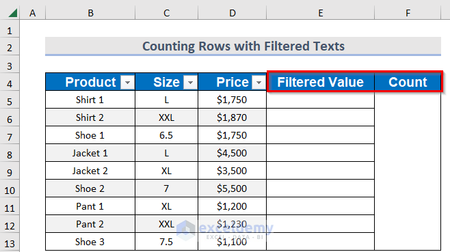 How to Count Rows with Filtered Texts in Excel 