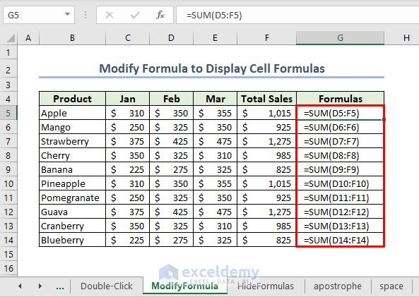 displaying cell formulas after modifying the original formula