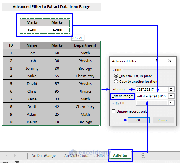 advanced filter to extract data from excel based on range criteria