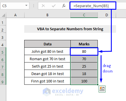 result of vba to separate numbers from string