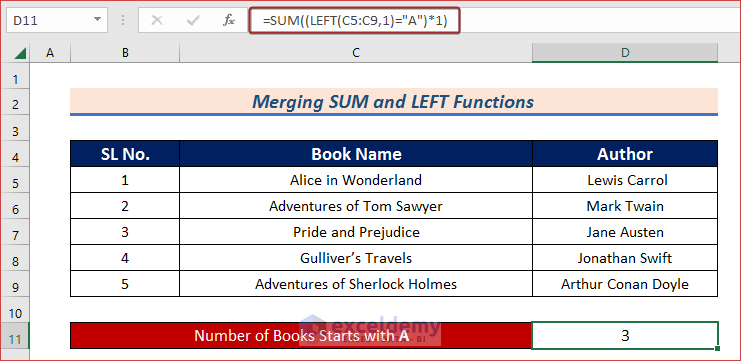 Merge SUM and LEFT Functions to Count Specific Characters in Column