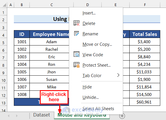 Using Both Mouse and Keyboard to Delete a Sheet in Excel