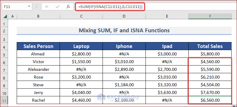 AutoFill to Mix SUM, IF & ISNA Functions to SUM Ignore N/A