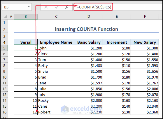 Using COUNTA Function to automatically number rows in Excel