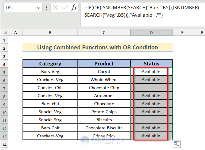 Values Found After Checking Cells Contains Text Using Combined Functions with OR Condition