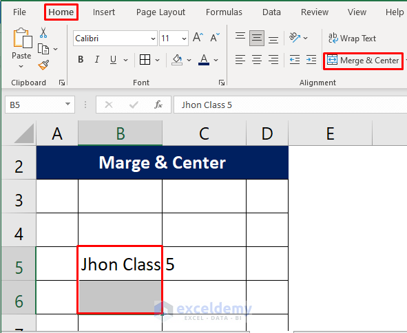 Merge & Center Command to Make Two Line in One Cell