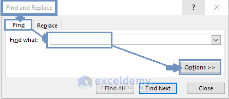Selecting Options in Find and Replace dialog box