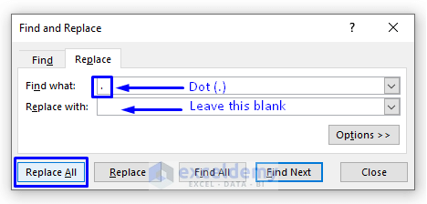 replace dot with blank to remove characters in excel