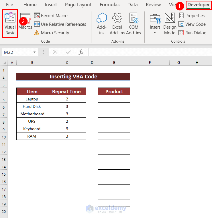 Inserting VBA to Repeat Rows a Specified Number of Times in Excel