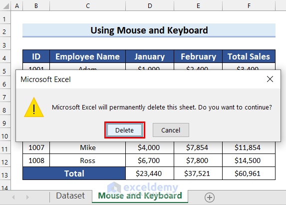 Prompt Asking If You Want to Delete a Sheet Permanently in Excel