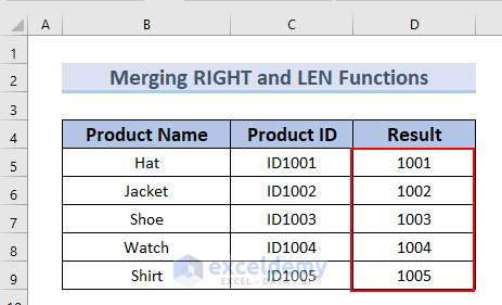 Complete Result column after using the RIGHT and LEN Functions